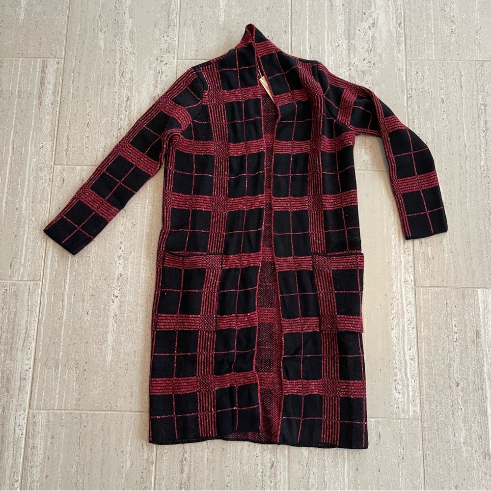 Plaid Open Front Cardigan - Red and Black